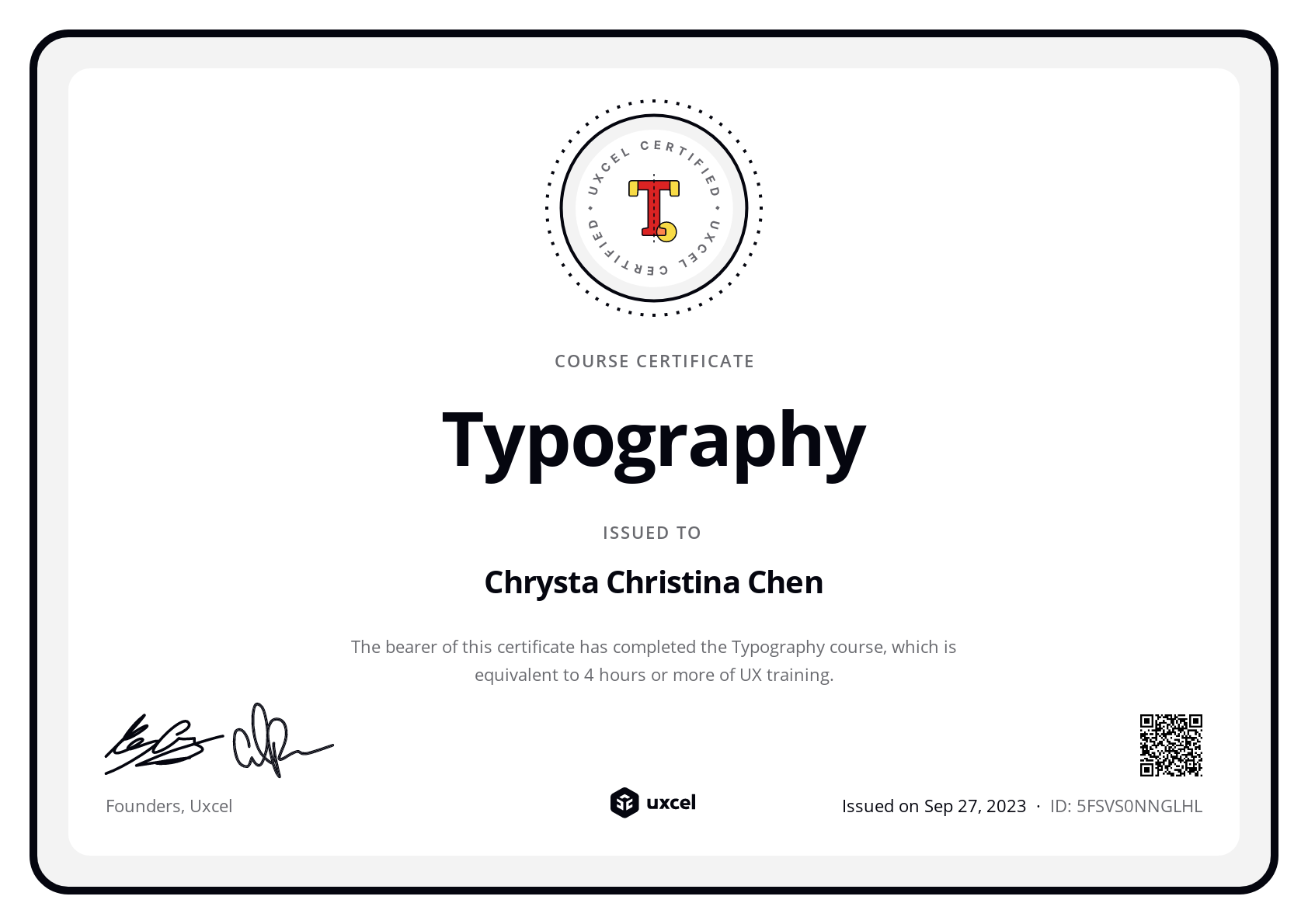 Chrysta Christina Chen's certificate